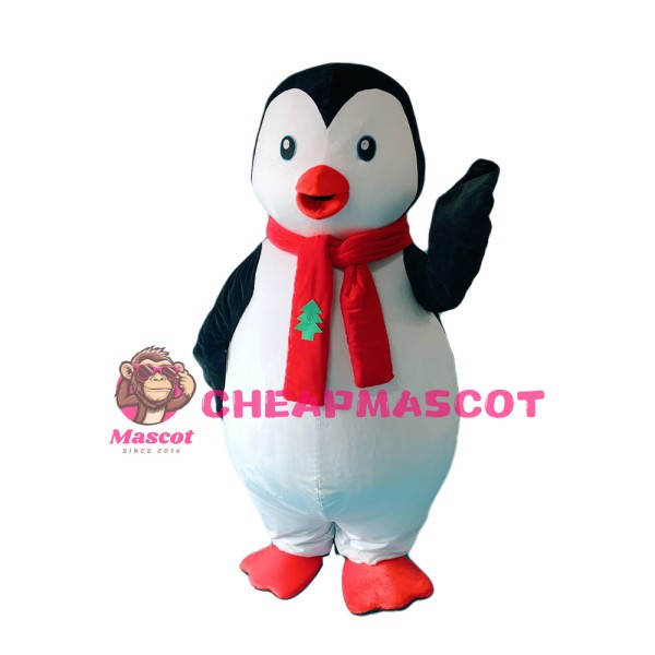 Friendly Penguin With Red Scarf Mascot Costume