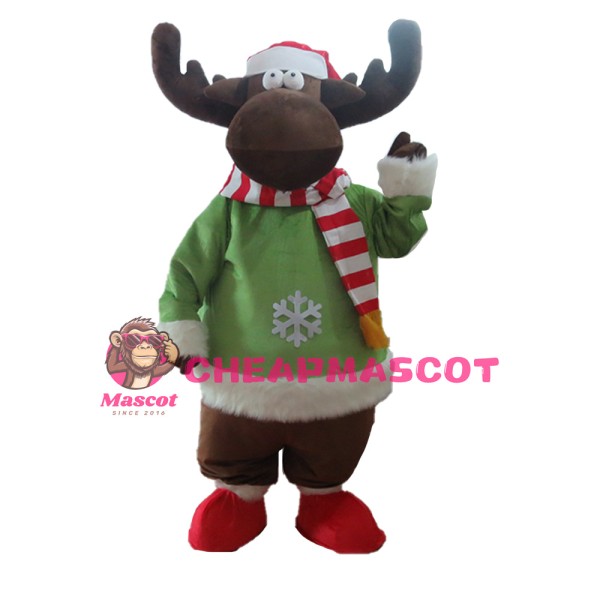 Christmas Elk With Green Coat Mascot Costume