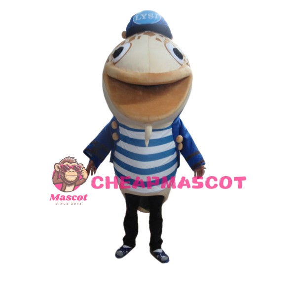 Cartoon Big Mouth Cod With Blue Coat Mascot Costume