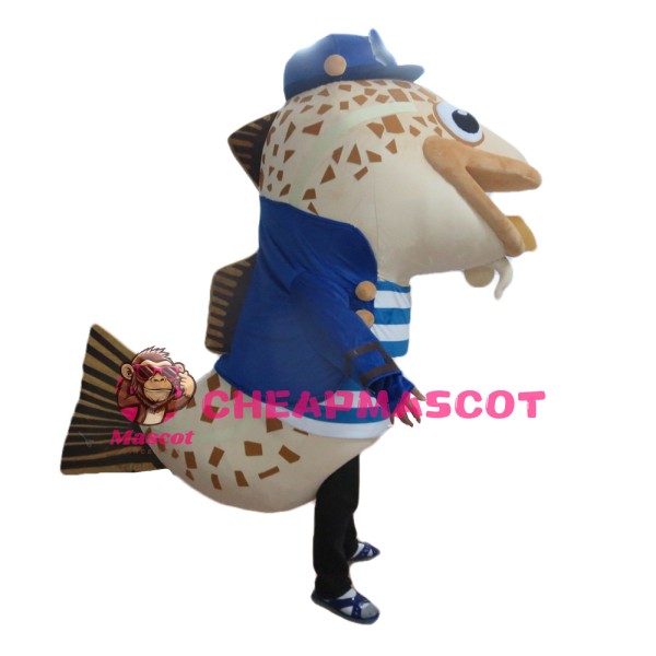 Cartoon Big Mouth Cod With Blue Coat Mascot Costume