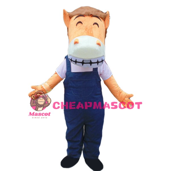Friendly And Hospitable Horse With Overalls Mascot Costume
