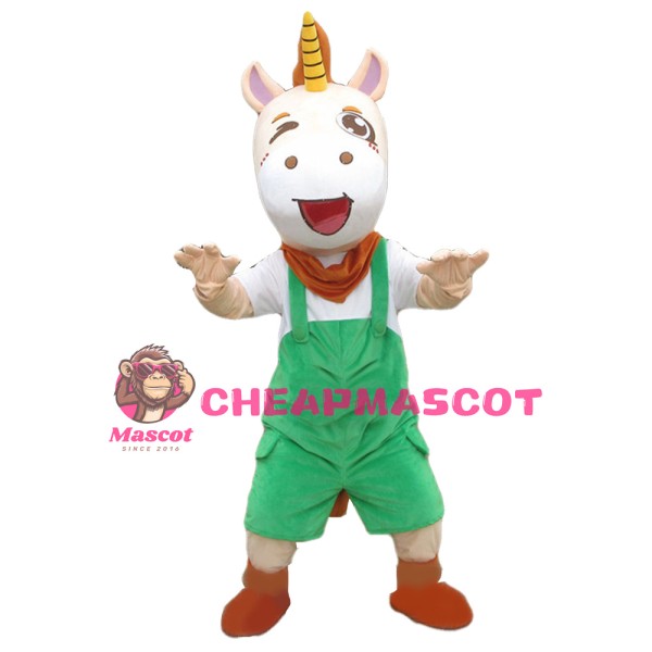 Excited Little Horse With Green Overalls Mascot Costume
