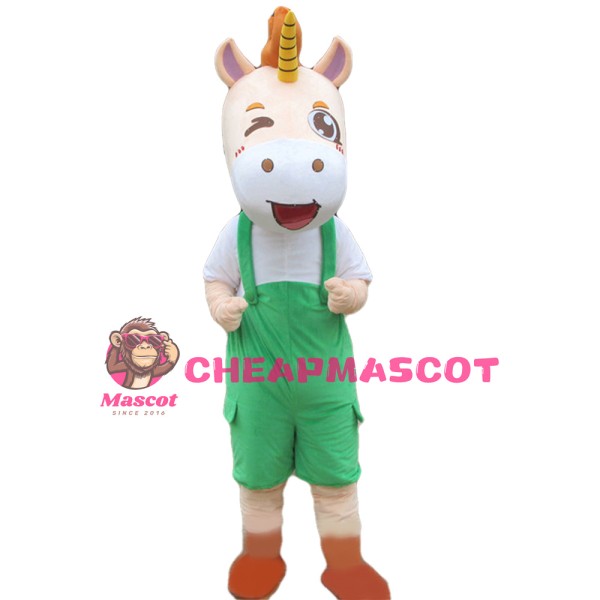 Excited Little Horse With Green Overalls Mascot Costume