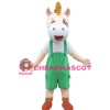 Excited Little Horse With Green Overalls Mascot Costume