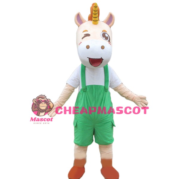 Excited Little Horse With Green Overalls Mascot Costume
