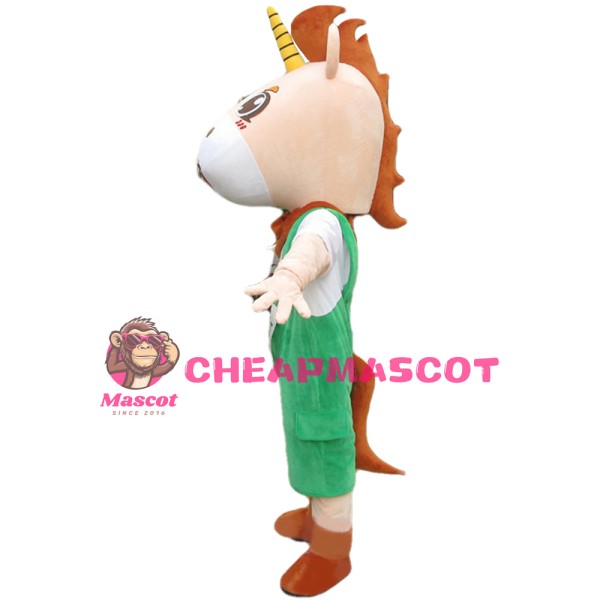 Excited Little Horse With Green Overalls Mascot Costume