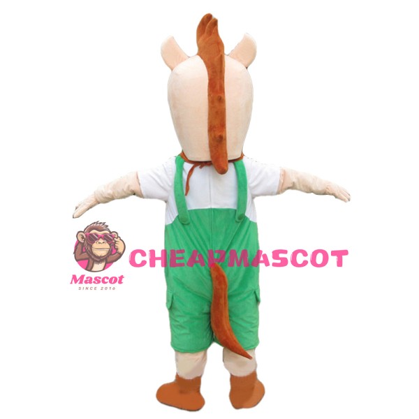 Excited Little Horse With Green Overalls Mascot Costume