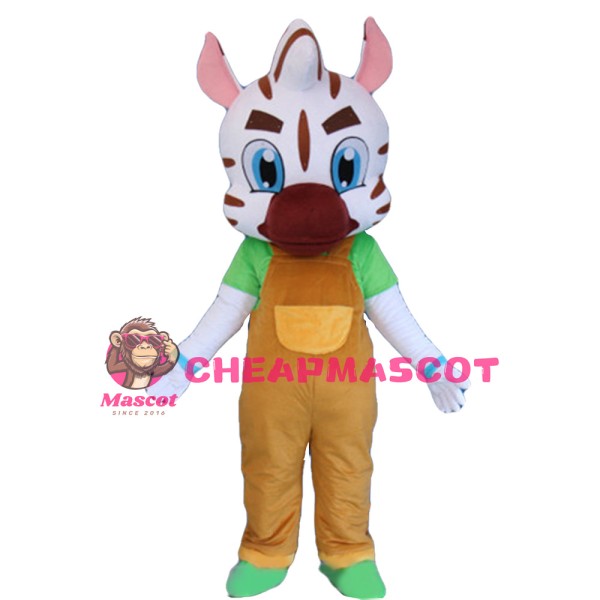 White Pattern Tiger With Brown Overalls Mascot Costume