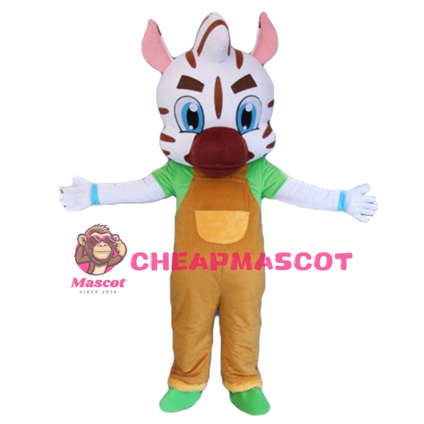 White Pattern Tiger With Brown Overalls Mascot Costume