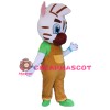 White Pattern Tiger With Brown Overalls Mascot Costume