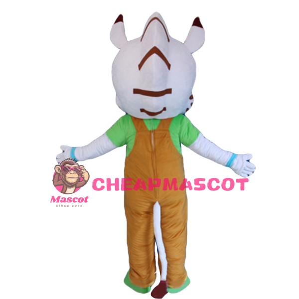 White Pattern Tiger With Brown Overalls Mascot Costume