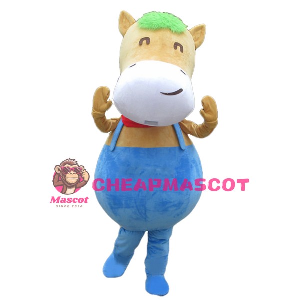 Fat Cartoon Brown Horse With Blue Rompers Mascot Costume
