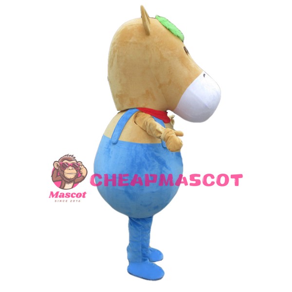 Fat Cartoon Brown Horse With Blue Rompers Mascot Costume