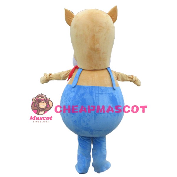 Fat Cartoon Brown Horse With Blue Rompers Mascot Costume