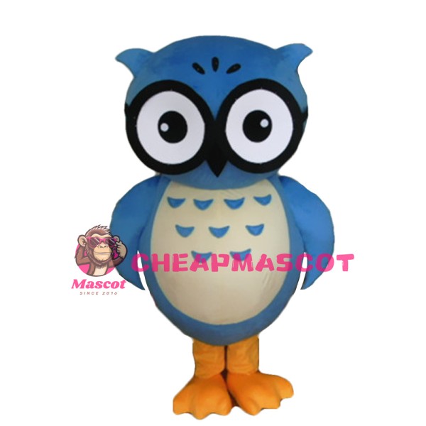 Blue Owl With Glasses Mascot Costume For Annual Celebration
