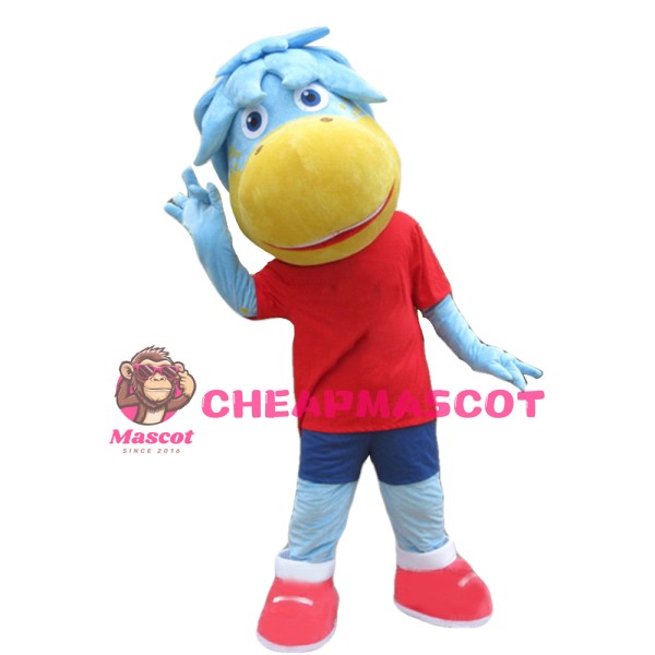 Blue Horse In Red Shirt Mascot Costume For Outdoor Activity