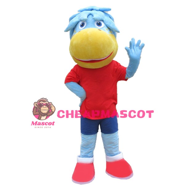 Blue Horse In Red Shirt Mascot Costume For Outdoor Activity
