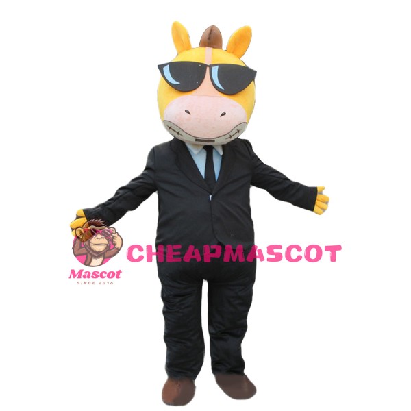 Adult Style Horse In Black Suit And Sunglasses Mascot Costume