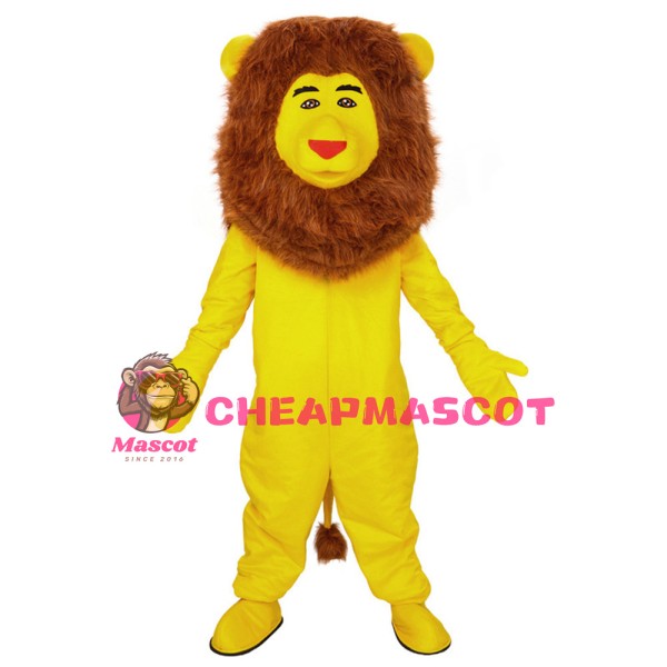 Funny Yellow Lion With Long Brown Mane Mascot Costume