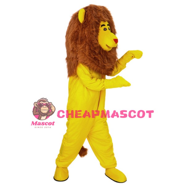 Funny Yellow Lion With Long Brown Mane Mascot Costume