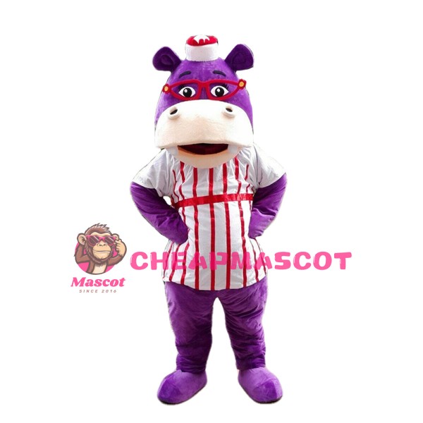 Purple Hippo With Red Glasses And Striped Shirt Mascot Costume