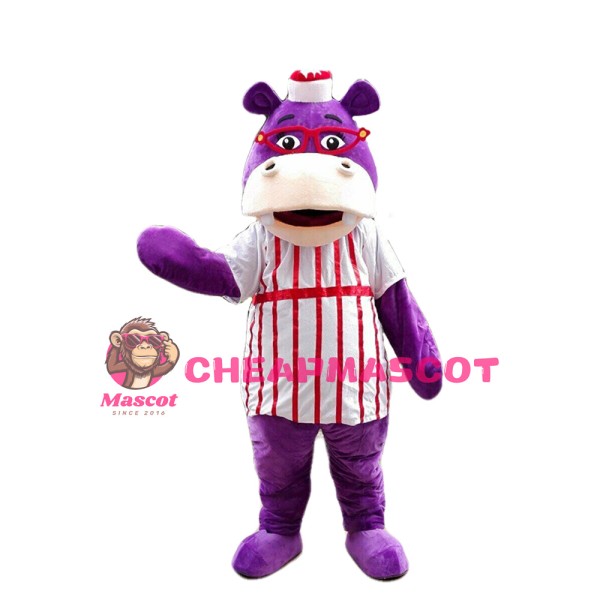 Purple Hippo With Red Glasses And Striped Shirt Mascot Costume