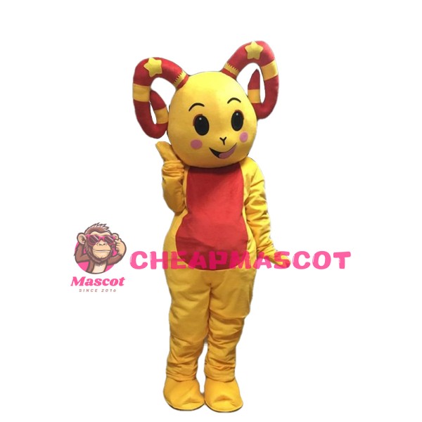 Happy Smiling Red & Yellow Sheep With Curved Claws Mascot Costume