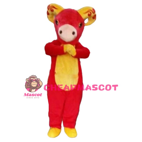 For Adult Plush Red & Yellow Ram Mascot Costume