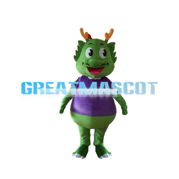Cartoon Smiling Green Dragon With Purple Top Mascot Costume