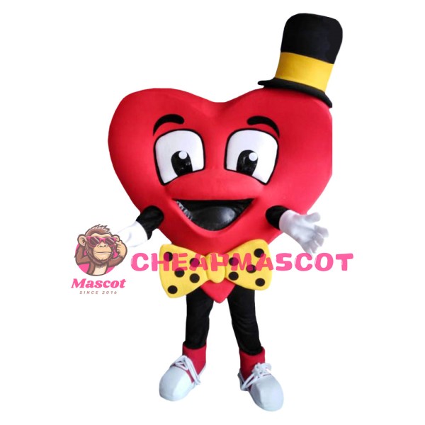 Funny Red Heart With Yellow Tie And Hat Mascot Costume