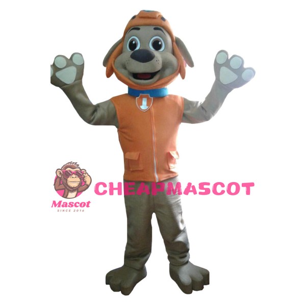 Adult Size Excited Grey Dog With Orange Top Mascot Costume