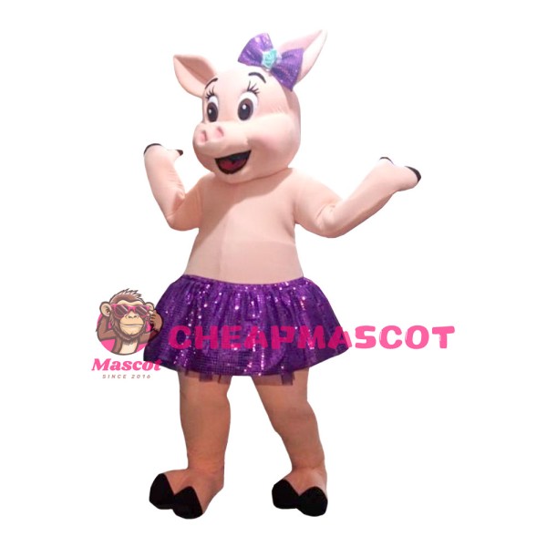 Beautiful Pig Girl With Purple Skirt And Bow Mascot Costume