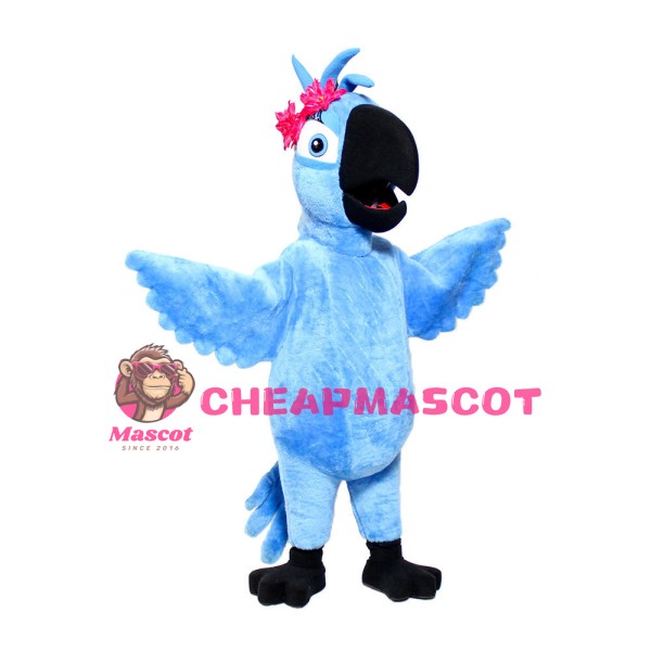 Adult Hot Blue Bird With Pink Flower Mascot Costume