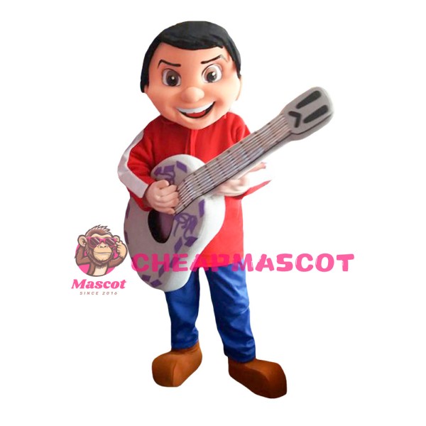 Excited Playing Guitar Boy With Set Mascot Costume