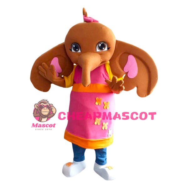 Cute Brown Elephant With Pink Apron Mascot Costume
