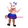 Dancing Pig With Blue Sequined Skirt And Bow Mascot Costume