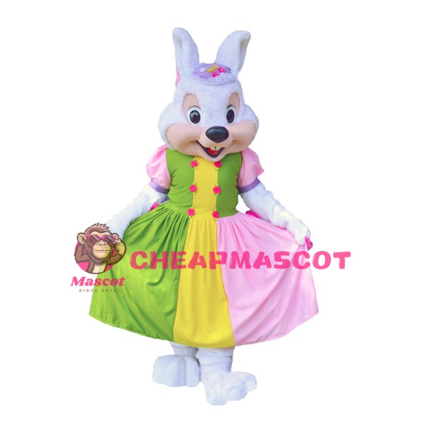 Beautiful White Rabbit With Colorful Dress Mascot Costume