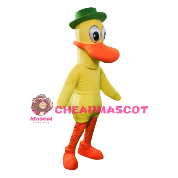 Big Mouth Yellow Duck With Green Hat Mascot Costume