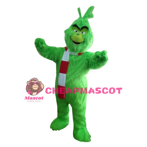 Long Fur Green Monster With Scarf Mascot Costume
