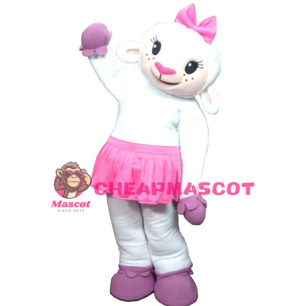 White Furry Sheep In Pink Skirt Mascot Costume