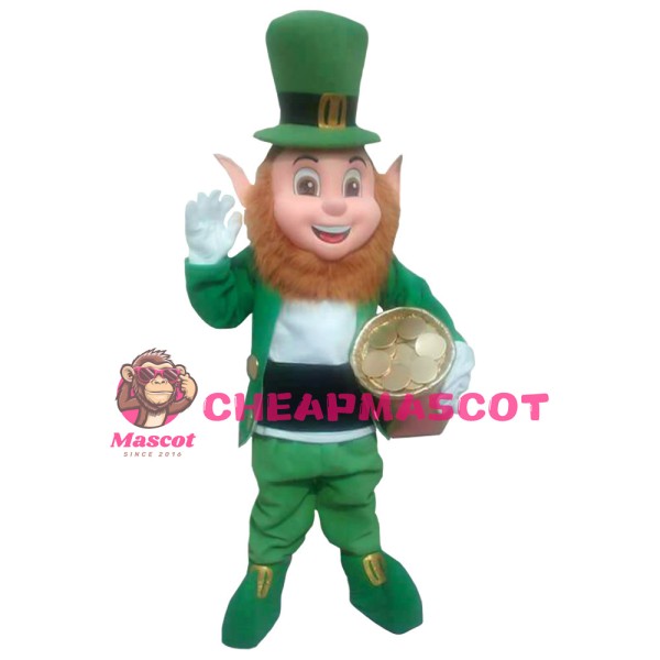 Bearded Green Elf Holding Money Box Mascot Costume