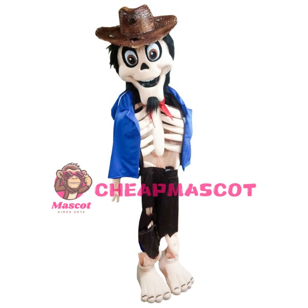 Scary Skeleton Wearing Blue Coat Mascot Costume