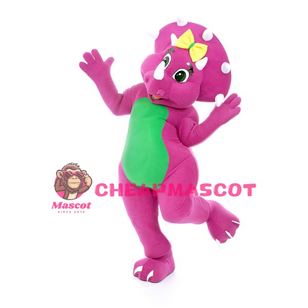 Rose Red Triceratops With Yellow Bow Mascot Costume