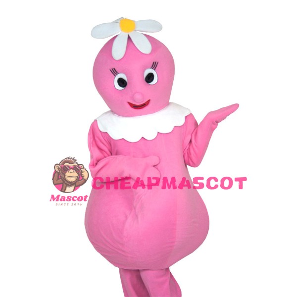 Round Body Pink Doll With Flower On Head Mascot Costume
