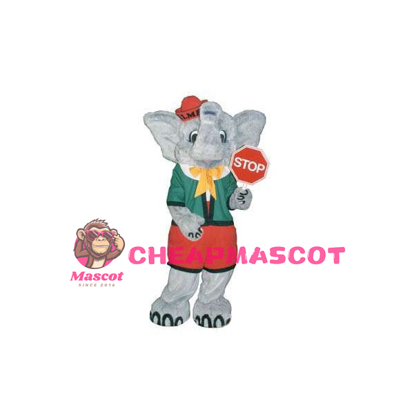 Grey Elephant Holding Stop Sign Mascot Costume