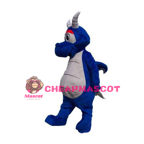 Cartoon Blue Dinosaur With White Horn Mascot Costume