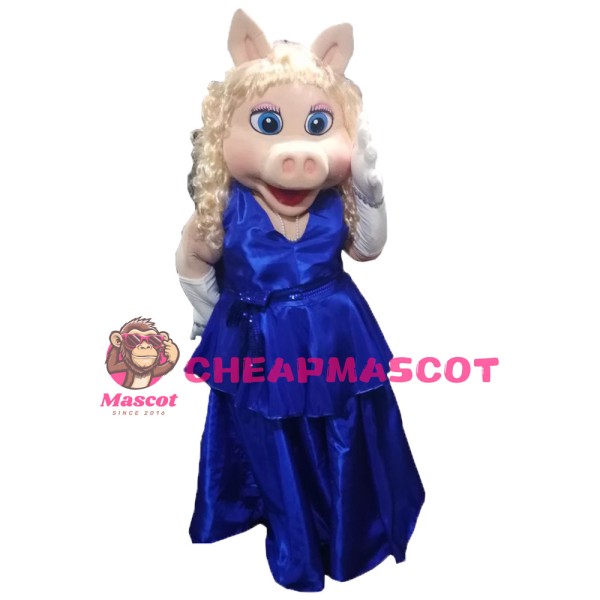 Silver Hair Pig Women With Blue Dress Mascot Costume