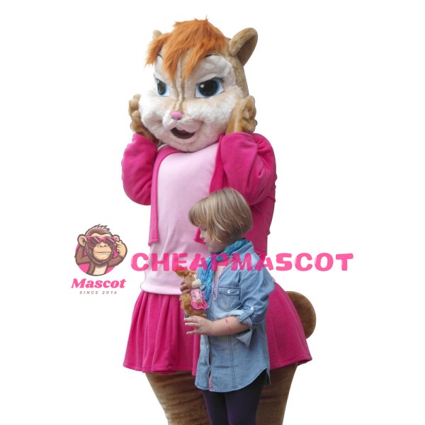 Shy Squirrel Mother With Pink Dress Mascot Costume