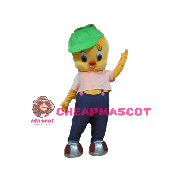 Long Eyelashes Yellow Bird With Green Sun Hat Mascot Costume