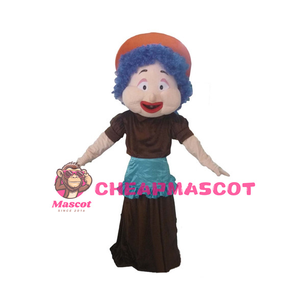 Blue Curly Hair Granny With Apron Mascot Costume